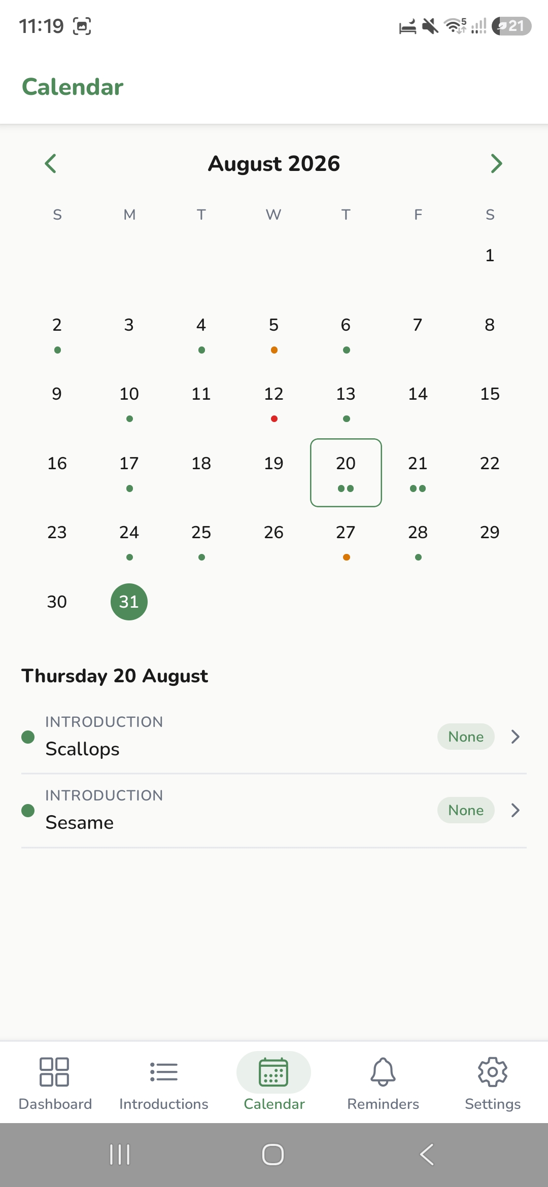 Calendar view showing allergen introductions across the month