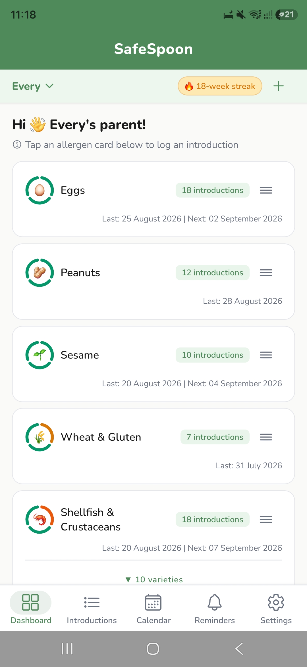 The SafeSpoon dashboard, listing each allergen with its introduction count and next due date