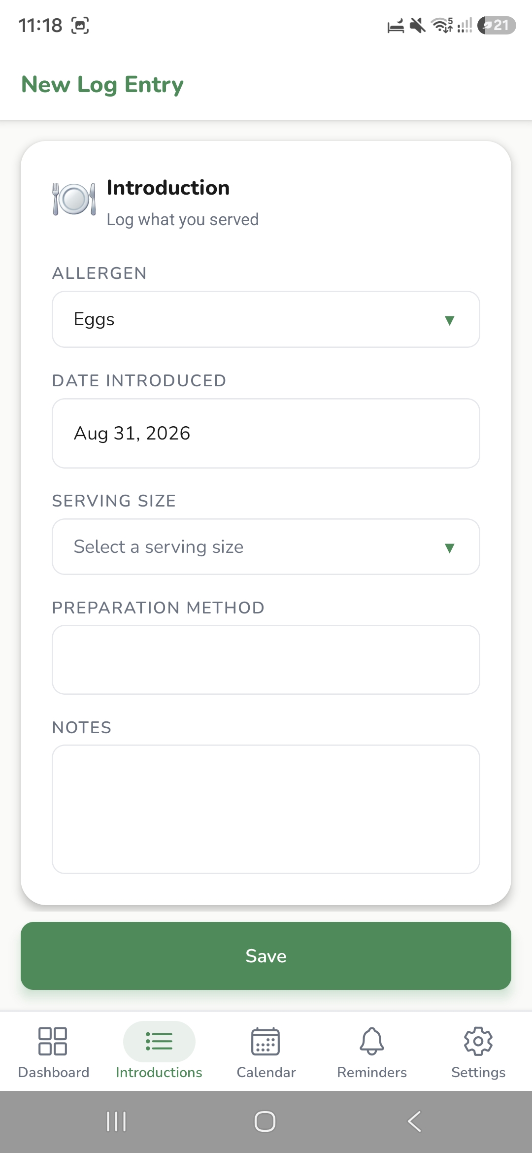Logging an allergen introduction with amount, preparation and notes