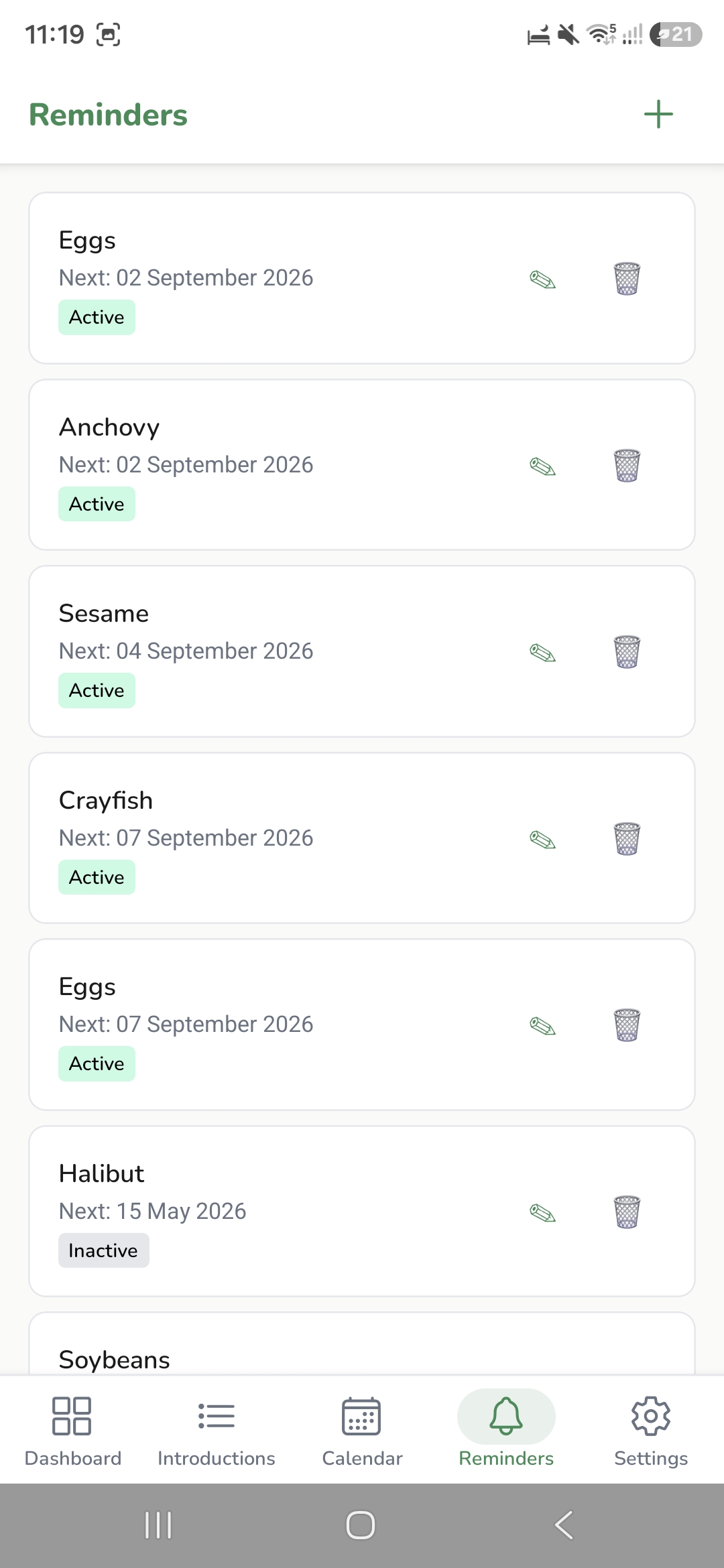 Re-introduction reminders scheduled for each allergen