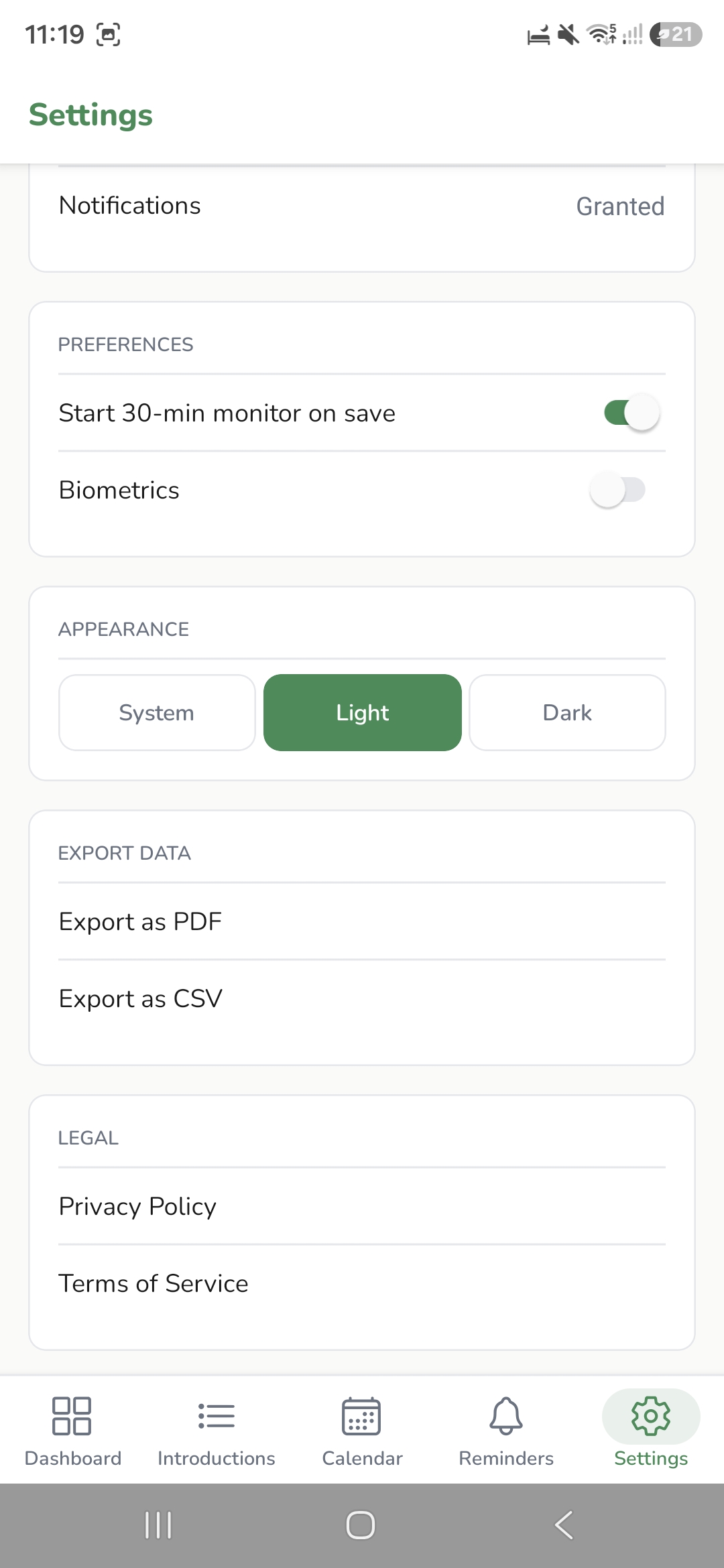 Settings screen with options to export the log as PDF or CSV